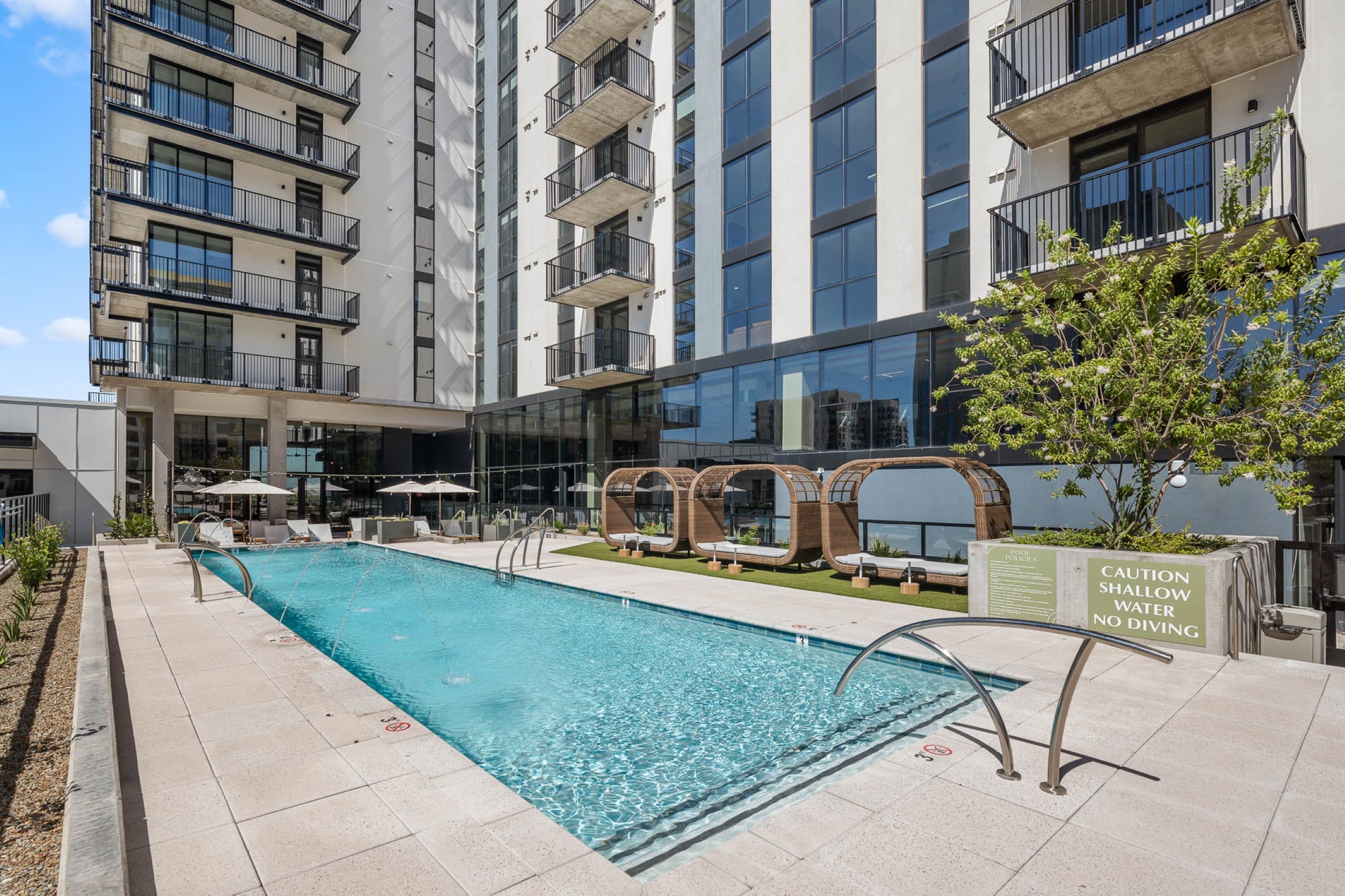 Aerial view of the rooftop pool at Saiya apartments for rent in Phoenix, AZ.